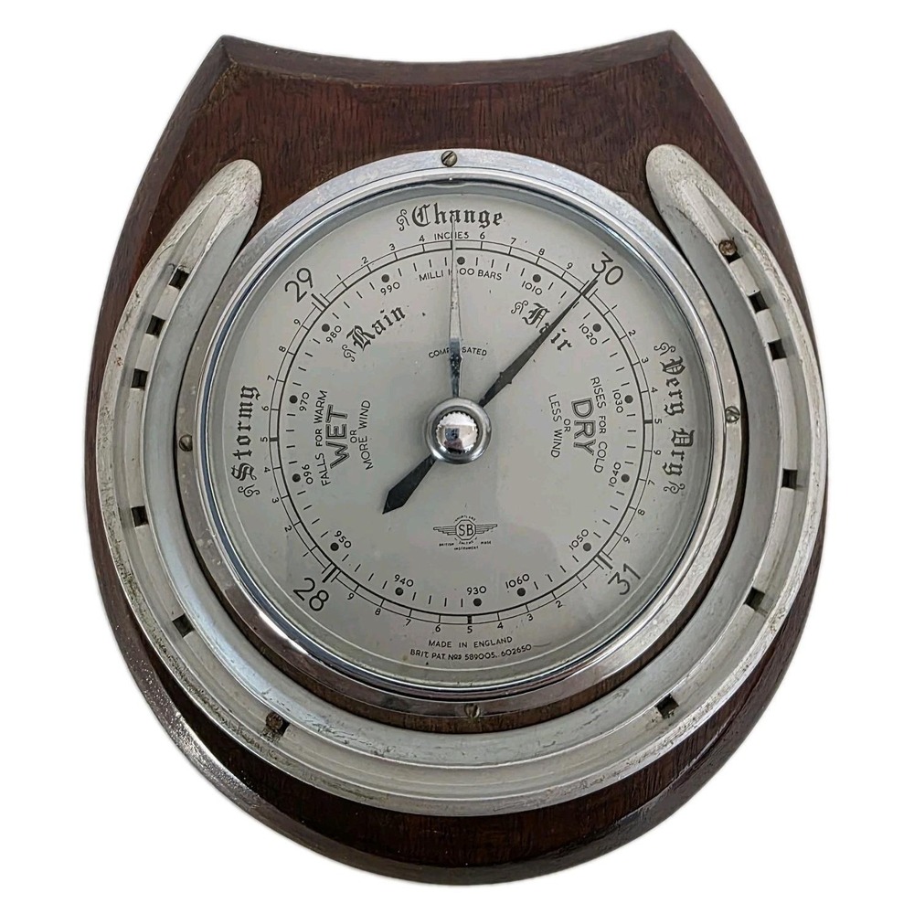 Vtg 40s 50s Shortland Smiths SB Compensated Barometer Horseshoe Wood England MCM